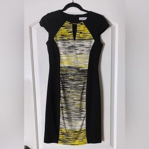 Calvin Klein 2 Black Sheath Dress Yellow Scribble Slimming Panel Color Block